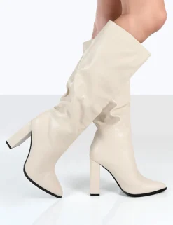 Public Desire Posie Pu Knee High Block Heel Boots Stone Best