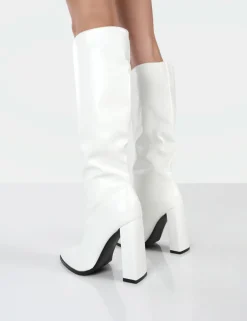 Public Desire Posie Pu Knee High Block Heel Boots White Discount
