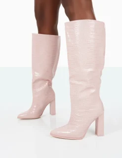 Public Desire Posie Wide Fit Baby Croc Pu Knee High Block Heel Boots Pink Best