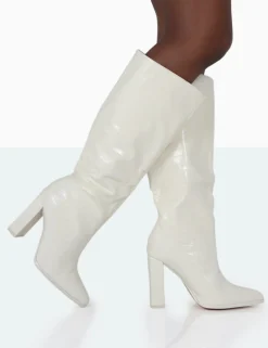 Public Desire Posie Wide Fit Ecru Croc Knee High Block Heel Boots Flash Sale