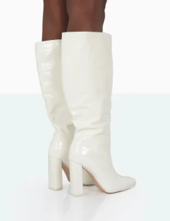 Public Desire Posie Wide Fit Ecru Croc Knee High Block Heel Boots Flash Sale