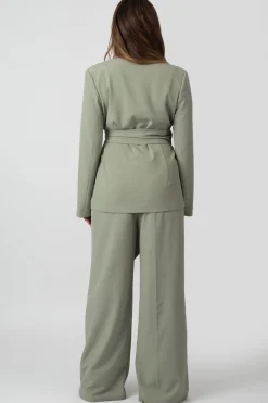 Public Desire Premium Tie Waist Wide Leg Trousers Sage New