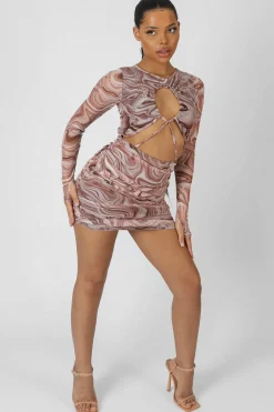 Public Desire Printed Mesh Cut Out Ruched Mini Dress Brown Best