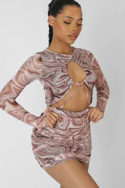 Public Desire Printed Mesh Cut Out Ruched Mini Dress Brown Best