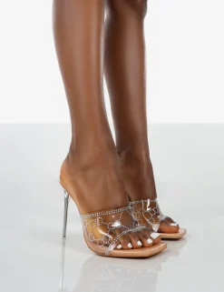 Public Desire Progress Patent Clear Perspex Strappy Square Toe Slip On Glittery Party Heels Nude Cheap