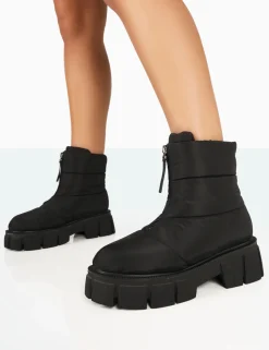 Public Desire Puffy Nylon Zip Up Chunky Sole Snow Ankle Boots Black Sale