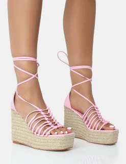 Public Desire Reece Baby Pu Knot Strap Lace Up Raffia Wedge Heels Pink Best
