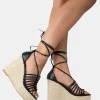 Public Desire Reece Pu Knot Strap Lace Up Raffia Wedge Heels Black Clearance