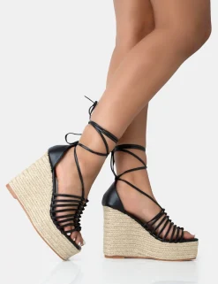 Public Desire Reece Pu Knot Strap Lace Up Raffia Wedge Heels Black Clearance