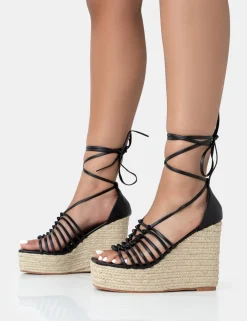 Public Desire Reece Pu Knot Strap Lace Up Raffia Wedge Heels Black Clearance