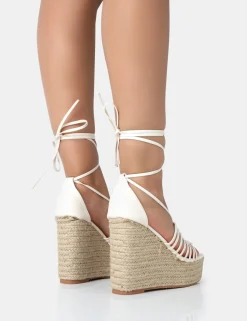 Public Desire Reece Wide Fit Pu Knot Strap Lace Up Raffia Wedge Heels Ecru Shop