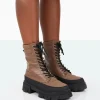 Public Desire Refresh Mocha Pu Nylon Lace Up Platform Chunky Sole Ankle Boots Mocca Store