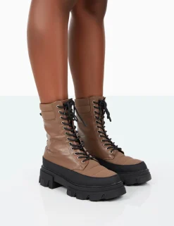 Public Desire Refresh Mocha Pu Nylon Lace Up Platform Chunky Sole Ankle Boots Mocca Store