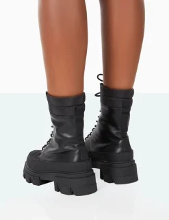 Public Desire Refresh Pu Nylon Lace Up Platform Chunky Sole Ankle Boots Black Flash Sale