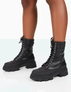 Public Desire Refresh Pu Nylon Lace Up Platform Chunky Sole Ankle Boots Black Flash Sale