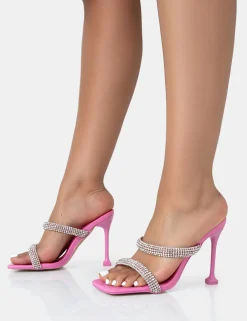 Public Desire Regina Hot Sparkly Diamante Stiletto Square Toe High Heels Pink Fashion