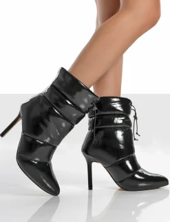 Public Desire Reset Patent Puffer Drawstring Stiletto Heeled Boots Black Cheap