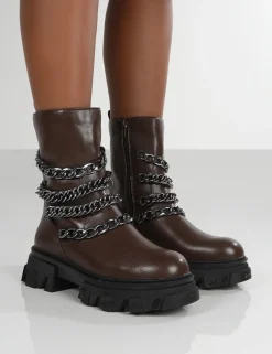 Public Desire Restrain Chocolate Pu Chain Detail Platform Chunky Sole Ankle Boot Brown Online