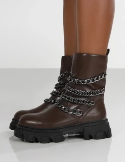 Public Desire Restrain Chocolate Pu Chain Detail Platform Chunky Sole Ankle Boot Brown Online