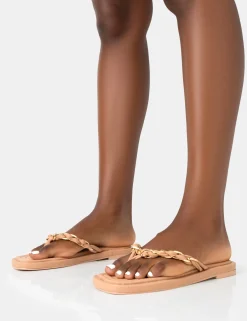 Public Desire Retreat Pu Chain Strap Flip Flop Sandals Nude Clearance