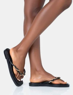 Public Desire Retreat Pu Chain Strap Flip Flop Sandals Black Outlet