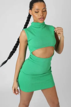 Public Desire Rib Cut Out Bodycon Mini Dress Green New