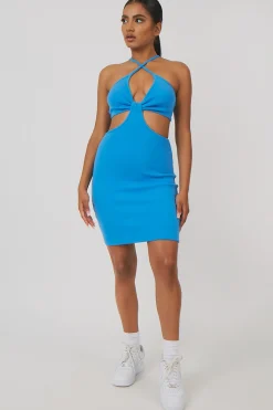 Public Desire Rib Ruched Bust Cut Out Mini Dress Blue Fashion