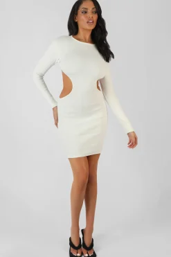 Public Desire Ribbed Cut Out Waist Dress Ivory White Hot
