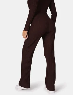 Public Desire Ribbed Knitted Wide Leg Trousers Chocolate Cheap