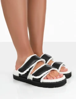Public Desire Rinc Pu Faux Fur Slide Sandals Black Best