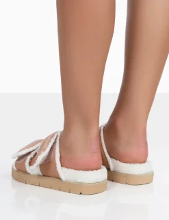Public Desire Rinc Pu Faux Fur Slide Sandals Nude Sale