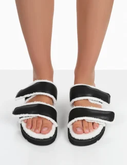 Public Desire Rinc Pu Faux Fur Slide Sandals Black Best