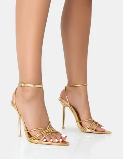 Public Desire Risque Pu Strappy Pointed Toe Stiletto Heels Gold Flash Sale