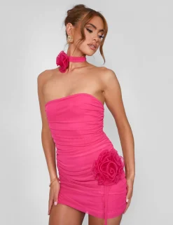 Public Desire Rose Detail Bandeau Mesh Mini Dress Hot Pink Hotpink Clearance