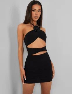 Public Desire Rose Detail Halter Tie Neck Mini Dress Black Store