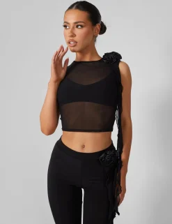 Public Desire Rose Detail Sleeveless Mesh Top Black Cheap
