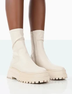 Public Desire Rusty Pu Chunky Sole Platform Sock Ankle Boots Bone Shop