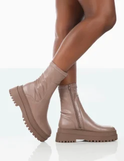 Public Desire Rusty Pu Chunky Sole Platform Sock Ankle Boots Mocha Best