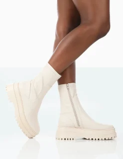 Public Desire Rusty Pu Chunky Sole Platform Sock Ankle Boots Bone Shop