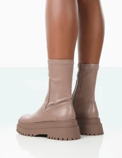 Public Desire Rusty Pu Chunky Sole Platform Sock Ankle Boots Mocha Best