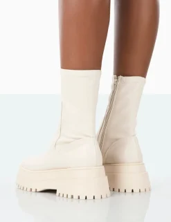 Public Desire Rusty Pu Chunky Sole Platform Sock Ankle Boots Bone Shop