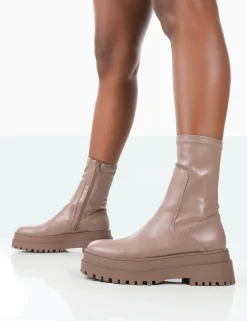 Public Desire Rusty Pu Chunky Sole Platform Sock Ankle Boots Mocha Best