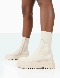 Public Desire Rusty Pu Chunky Sole Platform Sock Ankle Boots Bone Shop