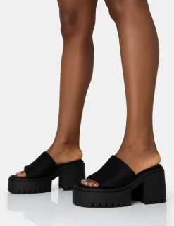 Public Desire Sabeena Black Chunky Mule Round Toe Mid Heel Sandals Cheap