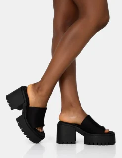 Public Desire Sabeena Black Chunky Mule Round Toe Mid Heel Sandals Cheap