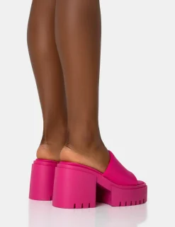 Public Desire Sabeena Chunky Mule Round Toe Mid Heel Sandals Pink Fashion
