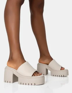 Public Desire Sabeena Ecru Chunky Mule Round Toe Mid Heel Sandals New
