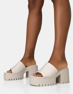 Public Desire Sabeena Ecru Chunky Mule Round Toe Mid Heel Sandals New