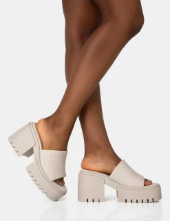 Public Desire Sabeena Ecru Chunky Mule Round Toe Mid Heel Sandals New
