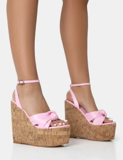 Public Desire Sandy Pu Knot Strap Round Toe Cork Wedge Heels Pink Online